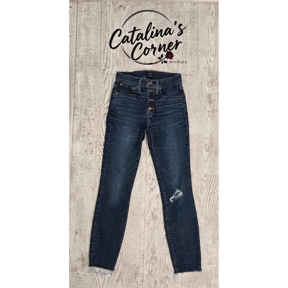 J.Crew Women High Rise Skinny Retro Jeans Dark Wash Distressed Raw Hem Size 24